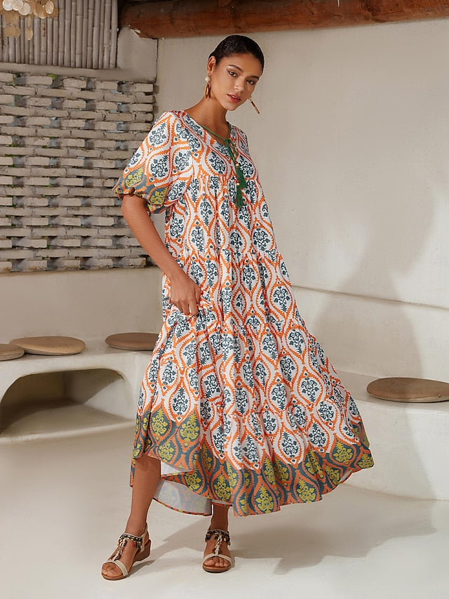 Satin Rainbow Totem Print Swing Maxi Dress