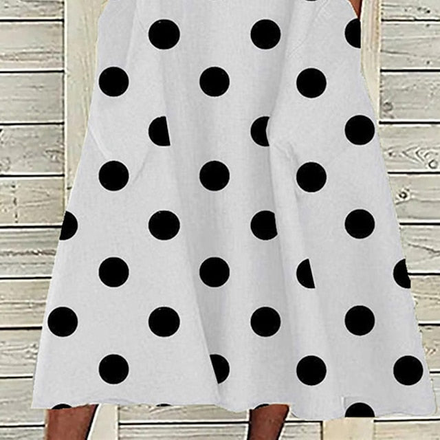 Polka Dot Midi Dress for Women - Casual V Neck Dress with Pockets