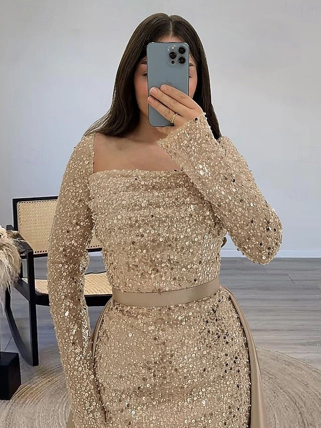 Dress Evening Sequin A-Line Gown Elegant Guest Formal Wedding