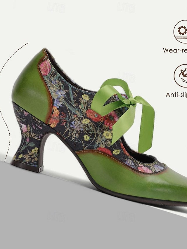 Mary Jane Green Heels Women's Print Floral Leather with