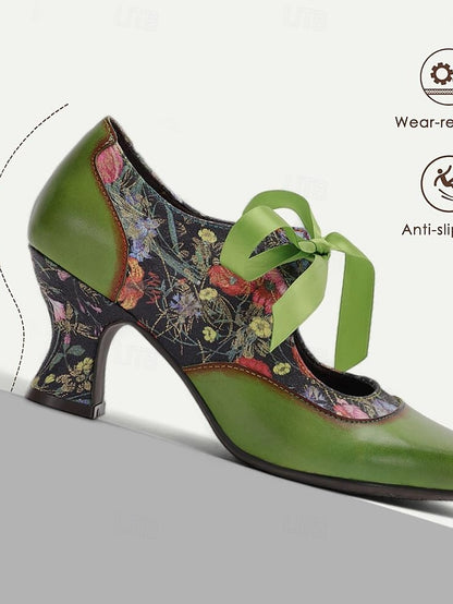 Mary Jane Green Heels Women's Print Floral Leather with
