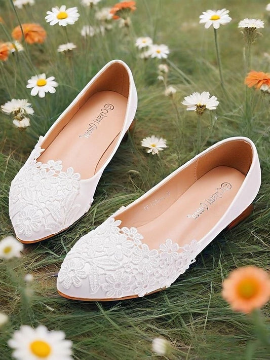 Lace for Flats Elegant Ballet Brides Women's – White