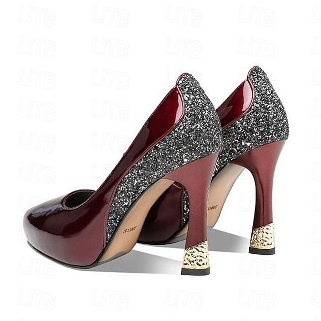 Platform Women's Glitter Leather Patent Heels with Burgundy