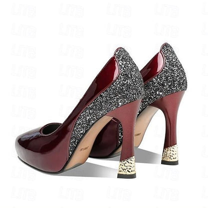 Platform Women's Glitter Leather Patent Heels with Burgundy