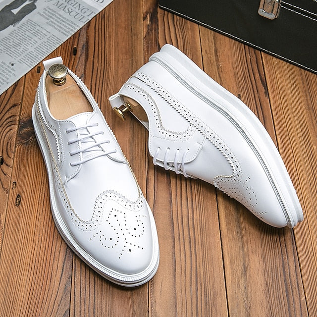 Brogue Stylish Derby Men's Shoes White Lace-Up - Leather