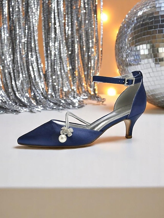 Satin Pearl and Kitten Heels Blue Women's Dark with