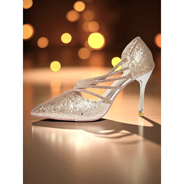 Strappy Gold High Pointed Heels Glitter - Toe Women's