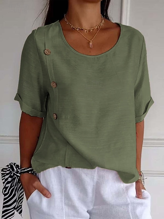 Women's Faux Cotton Linen Plain Basic Short Sleeve Crew