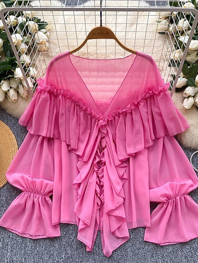 Women's Blouse Solid Color Stylish Casual Long Sleeve V