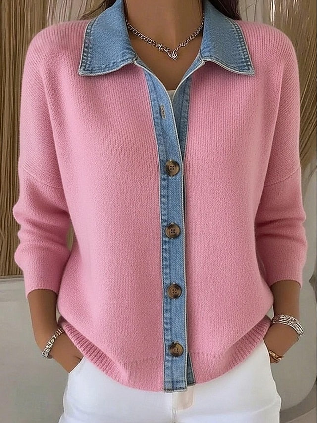 Women's Sweater Elegant Vintage Shirt Collar Patchwork Long
