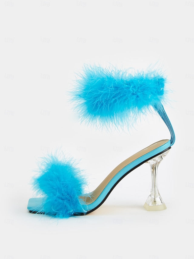 Feather-Embellished High Clear Sandals Turquoise with Heel