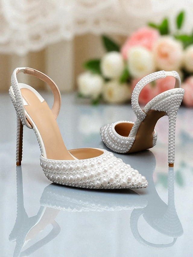 Heels - Slingback Leather White Women's Pearl-Embellished