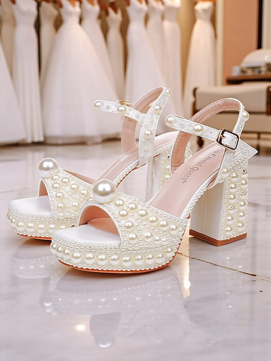 Women's Heel Platform White Embellished Sandals Pearl Block