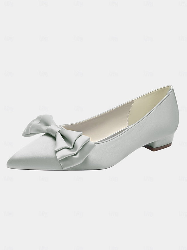 Satin Toe Pointed Green Bow Elegant - Women's Flats