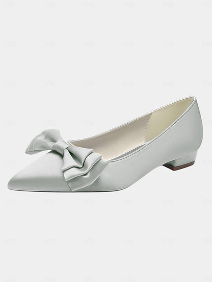 Satin Toe Pointed Green Bow Elegant - Women's Flats