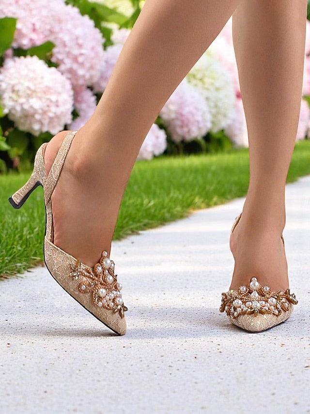 Black Pearl Heels - Slingback Satin with Women's Detailing