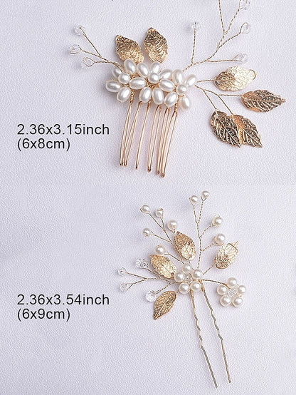 Faux and Gold Leaf Accessory Pearls Bridal Silver Set with Hair
