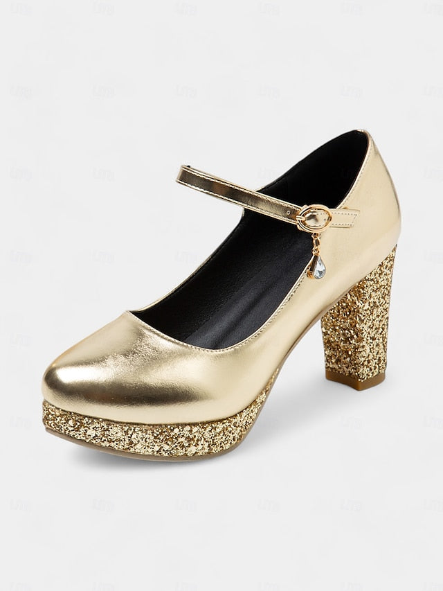 Jane Heel Block Sparkly Women's Glitter Gold Mary Pumps –