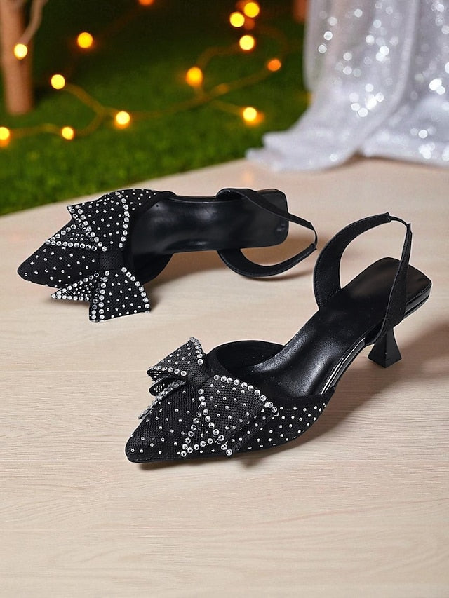 Slingback Bow Pointed Women's - Heels Sparkly Rhinestone