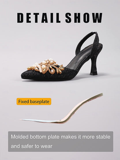 Black Pearl Heels - Slingback Satin with Women's Detailing