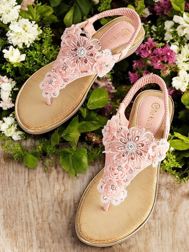 Women's T-Strap Lace Sandals Floral Embellished Pink –
