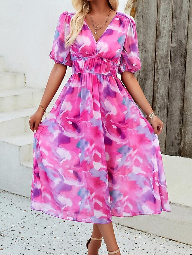 Women's Casual Dress Floral Print V Neck Midi Dress Ethnic