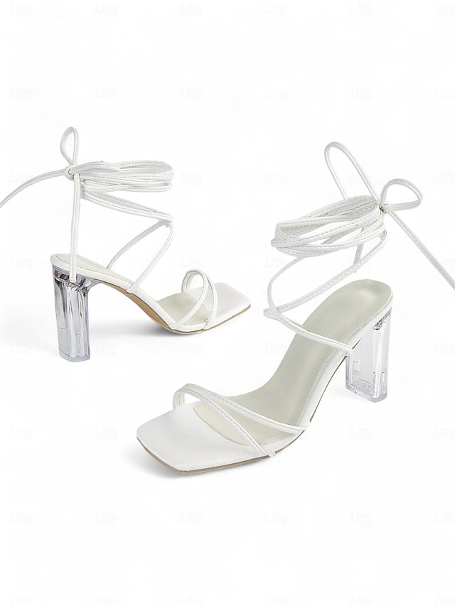 Heel with Strappy Women's Heels Lace-Up Clear White Block