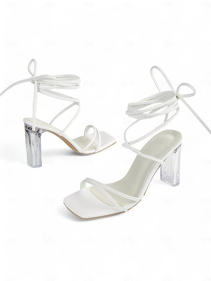 Heel with Strappy Women's Heels Lace-Up Clear White Block
