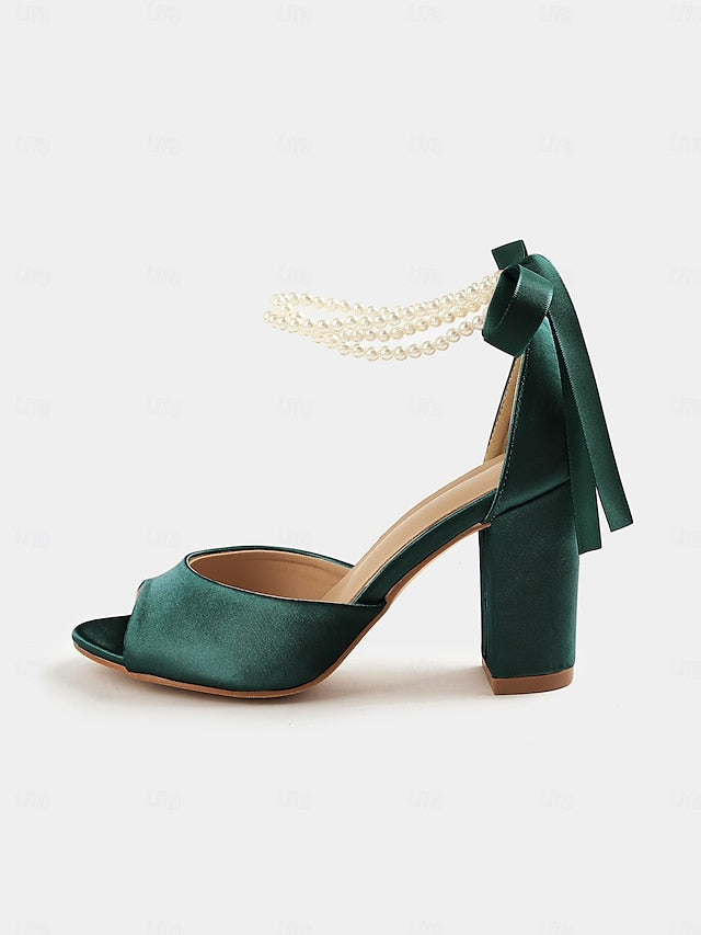 Ankle Pearl Women's Heel Peep-Toe Satin Block Sandals with