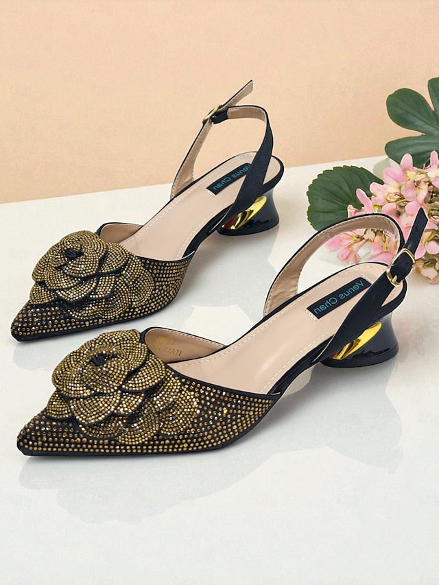 Gold Matching Rhinestone with Pumps Slingback Women's