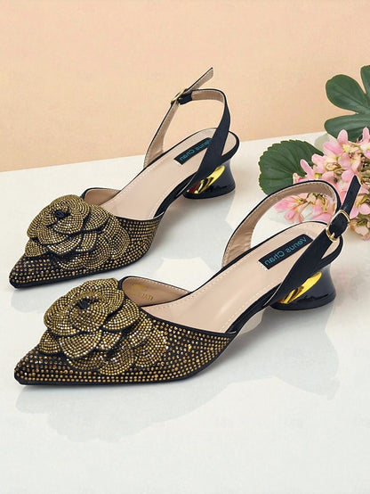 Gold Matching Rhinestone with Pumps Slingback Women's