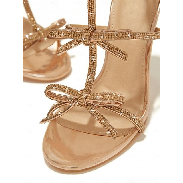 Stiletto Sandals Knot Strappy Sparkly Bow – Women's Gold