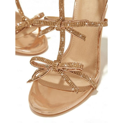 Stiletto Sandals Knot Strappy Sparkly Bow – Women's Gold