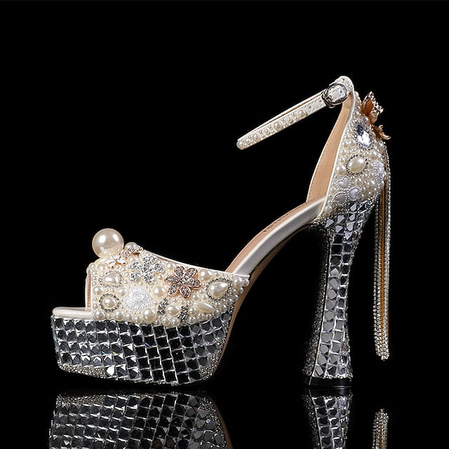 Women's White Platform Pearl Rhinestone Embellished and