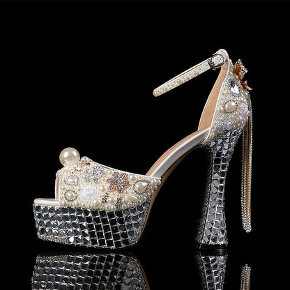 Women's White Platform Pearl Rhinestone Embellished and