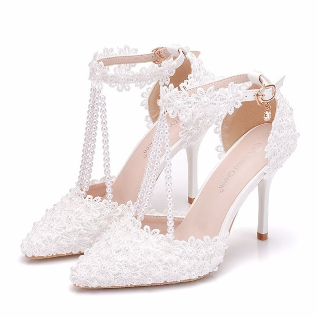 Wedding Shoes Heel Pointed High Women's Lace Bridal