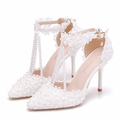 Wedding Shoes Heel Pointed High Women's Lace Bridal