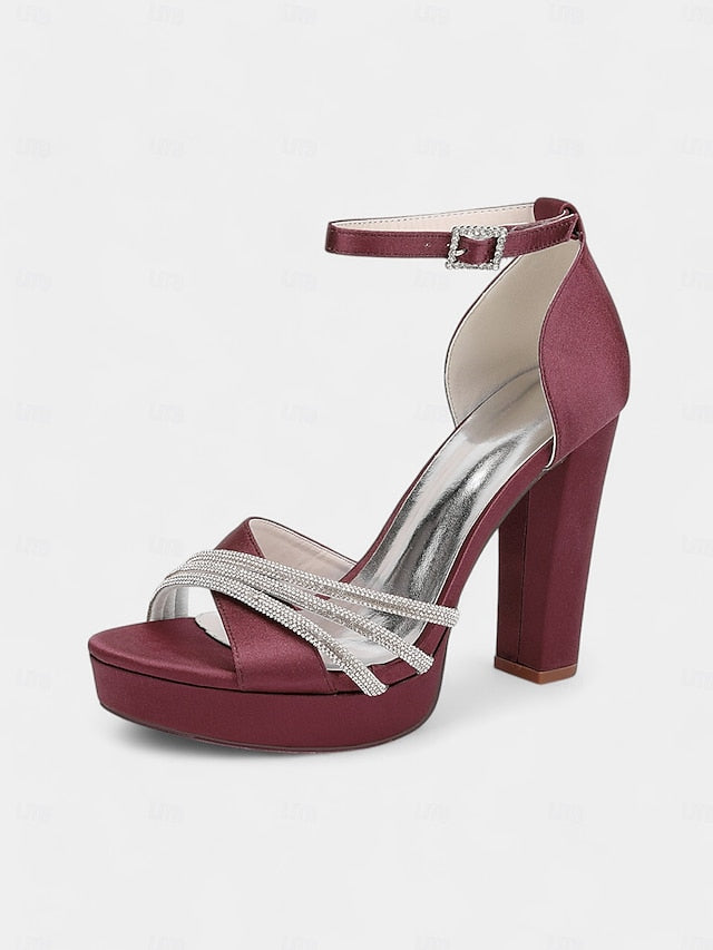 Satin Heel Purple with Straps Sandals Rhinestone High - Platform
