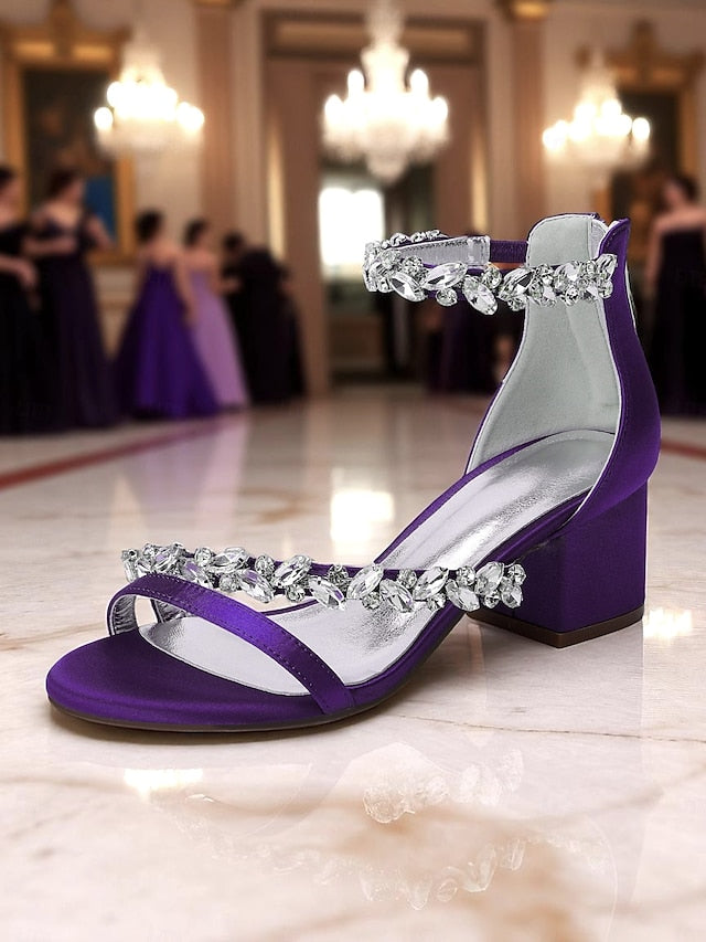Purple Satin Crystal Sandals - Women's Heel Block