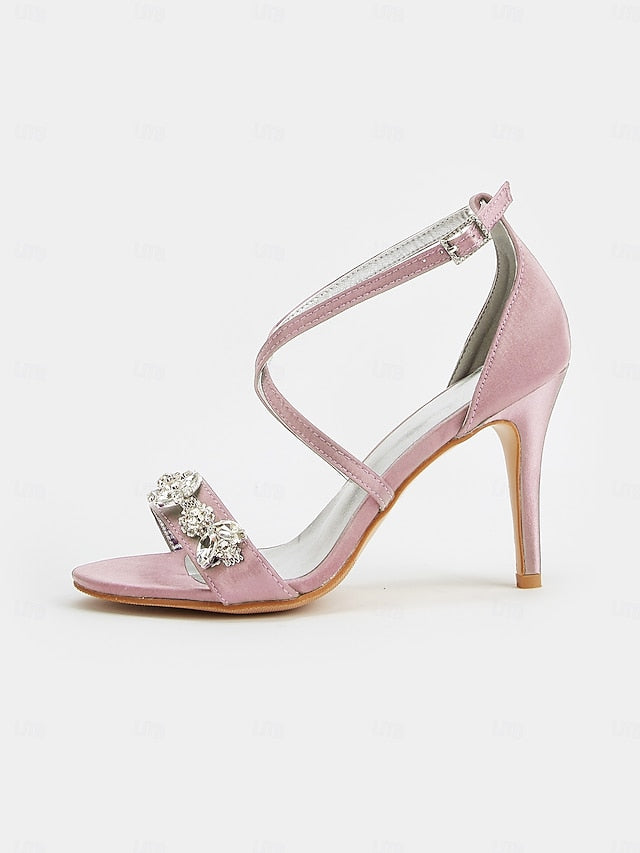 Stiletto Heels Straps with Purple Satin Women's Rhinestone