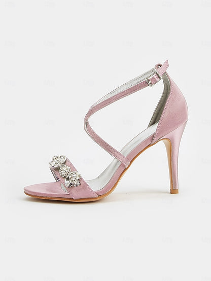 Stiletto Heels Straps with Purple Satin Women's Rhinestone