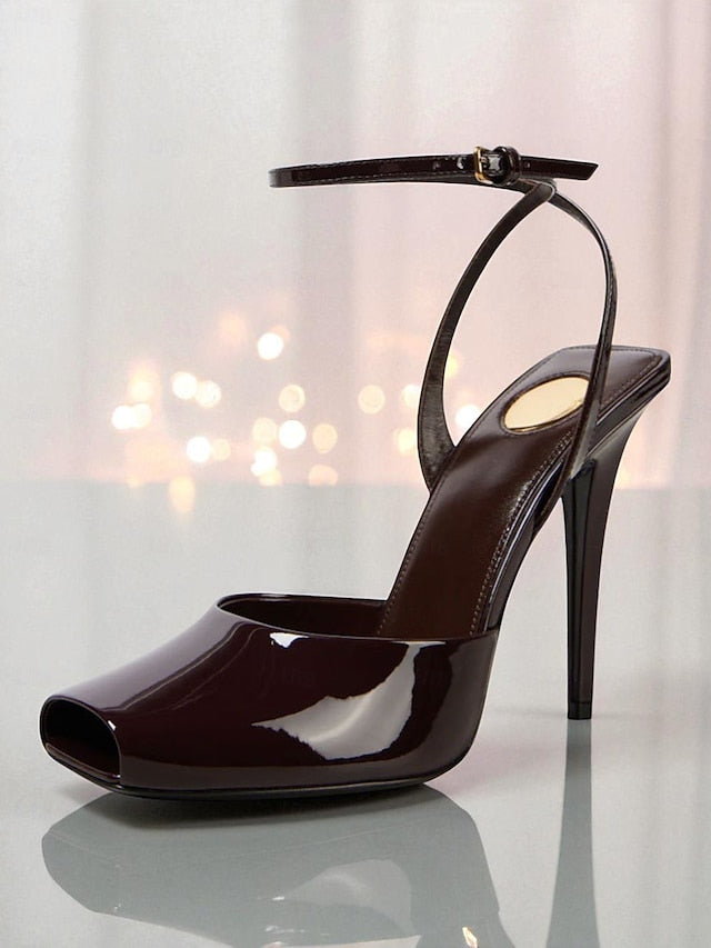 Peep Women's Leather Green Toe - Dark Patent High Heels