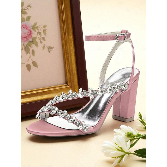 - Rhinestone Heel Block Sandals Women's Straps White with