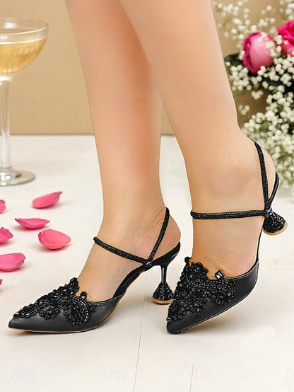 Gold Rhinestone Toe Satin Pointed Embellished Women's