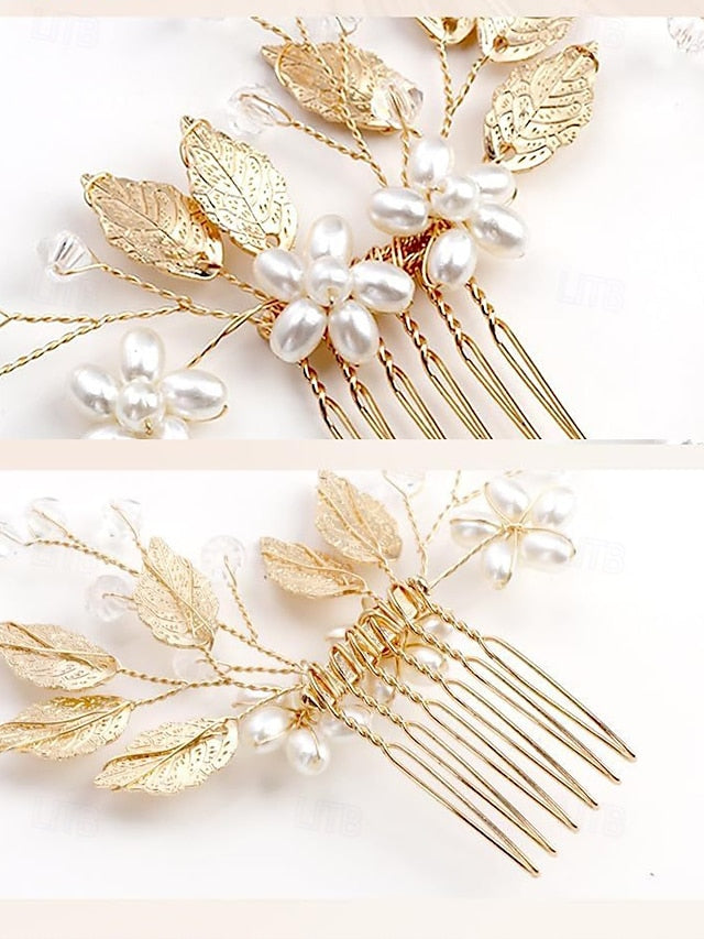 Faux and Gold Leaf Accessory Pearls Bridal Silver Set with Hair