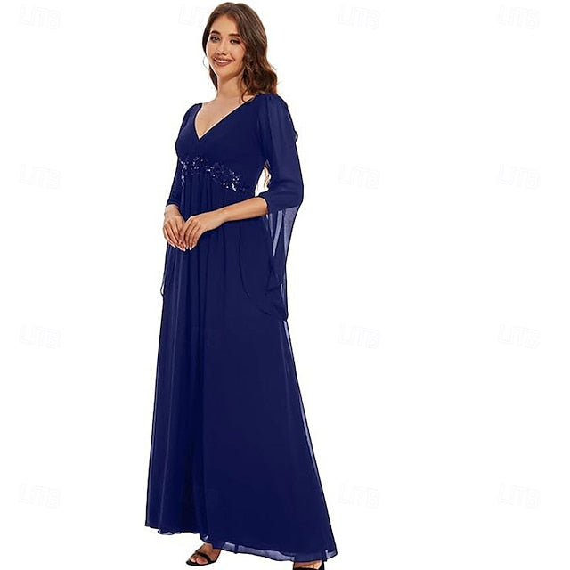 Neck Simple Mother V A-Line Elegant Bride the of Floor Dress