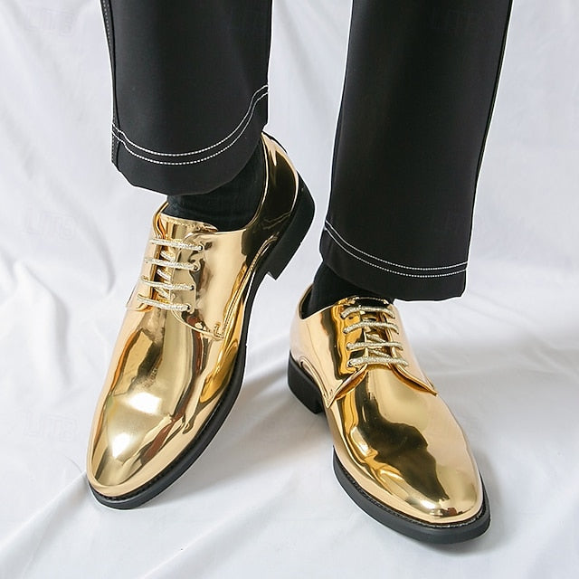 Patent Lace-Up Shoes Sleek Gold for Shiny – Leather Men