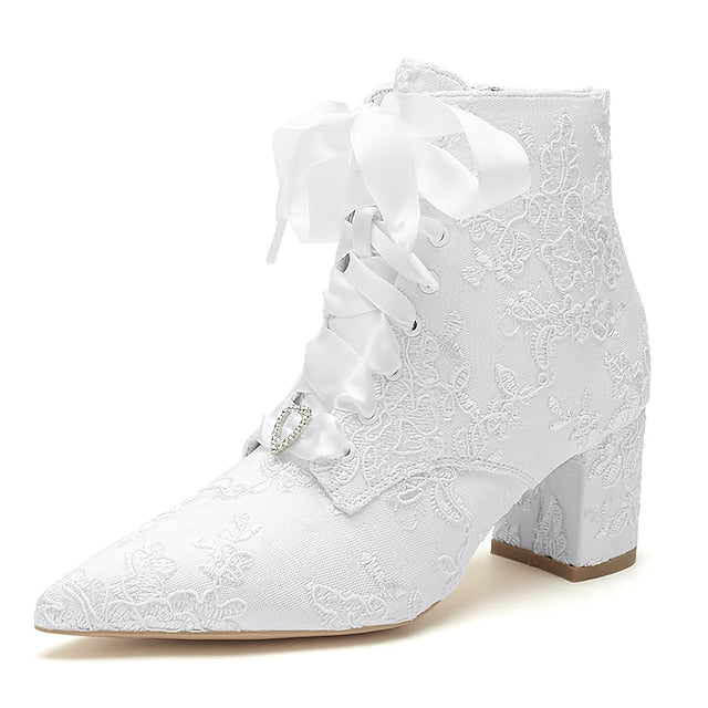 Lace-Up Embroidered Floral White – Women's Bridal Booties