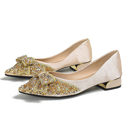 Women's Glitter Flats Rhinestone Detail - Elegant Bow with