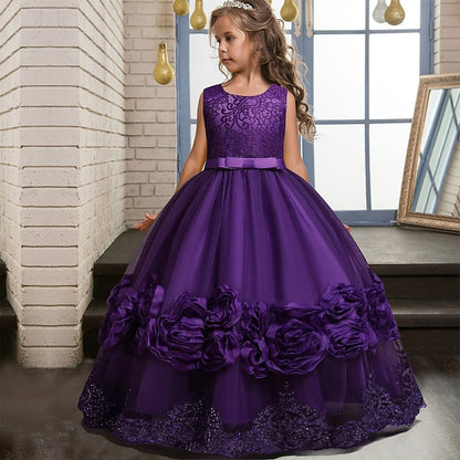 Little Girls' Party Dress A Floral Line Plain Kids